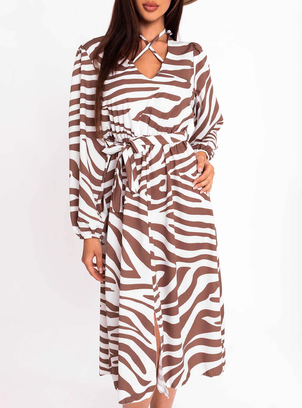 Fortana- sukienka midi z ozdobnym wiązaniem na dekolcie, print zebra- mocca  10