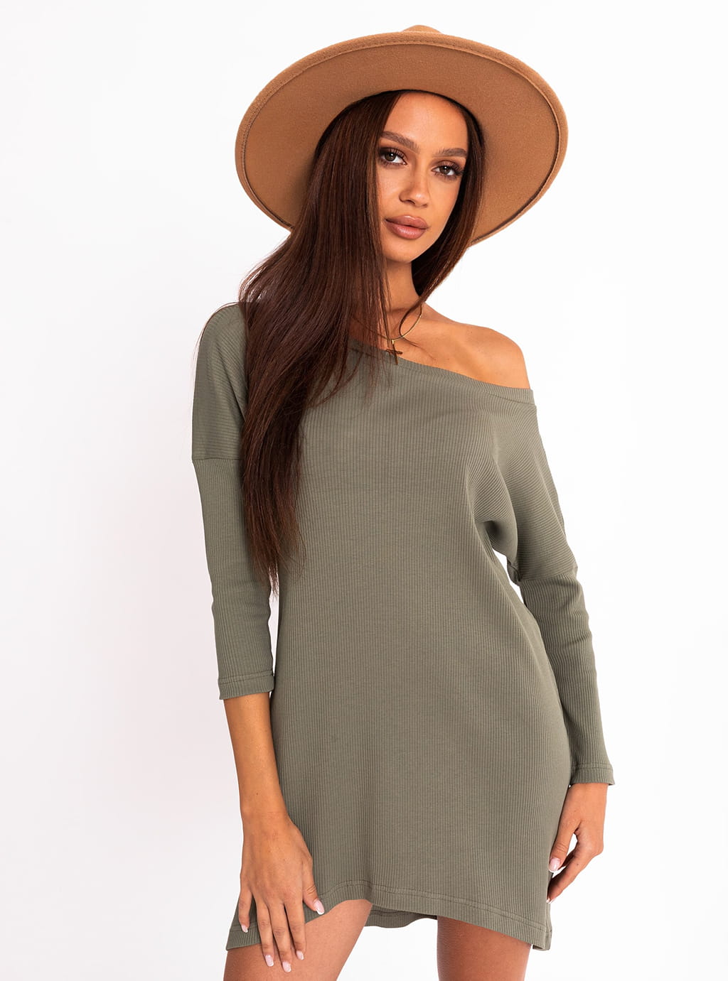 Kate - asymetryczna tunika z prążkowej dzianiny -  khaki 