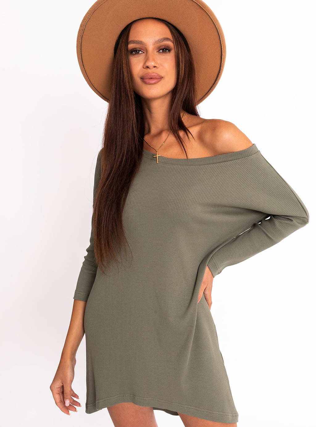 Kate - asymetryczna tunika z prążkowej dzianiny -  khaki  2