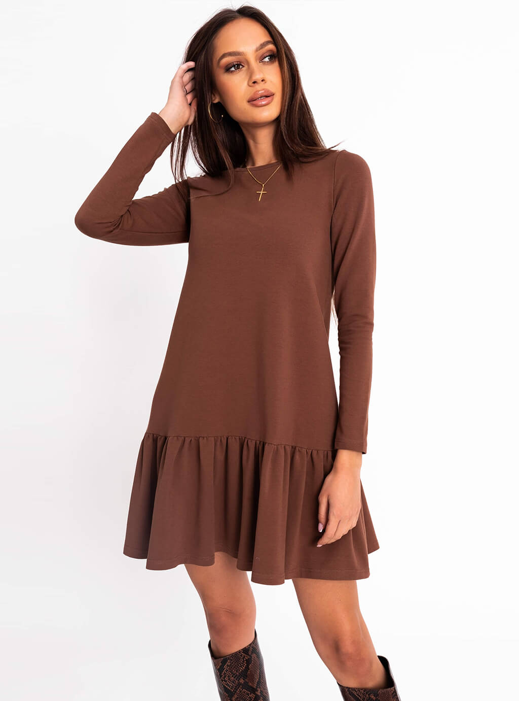 Maldi- bawełniana sukienka o luźnym kroju z ozdobną falbaną i długim rękawem - chocolate