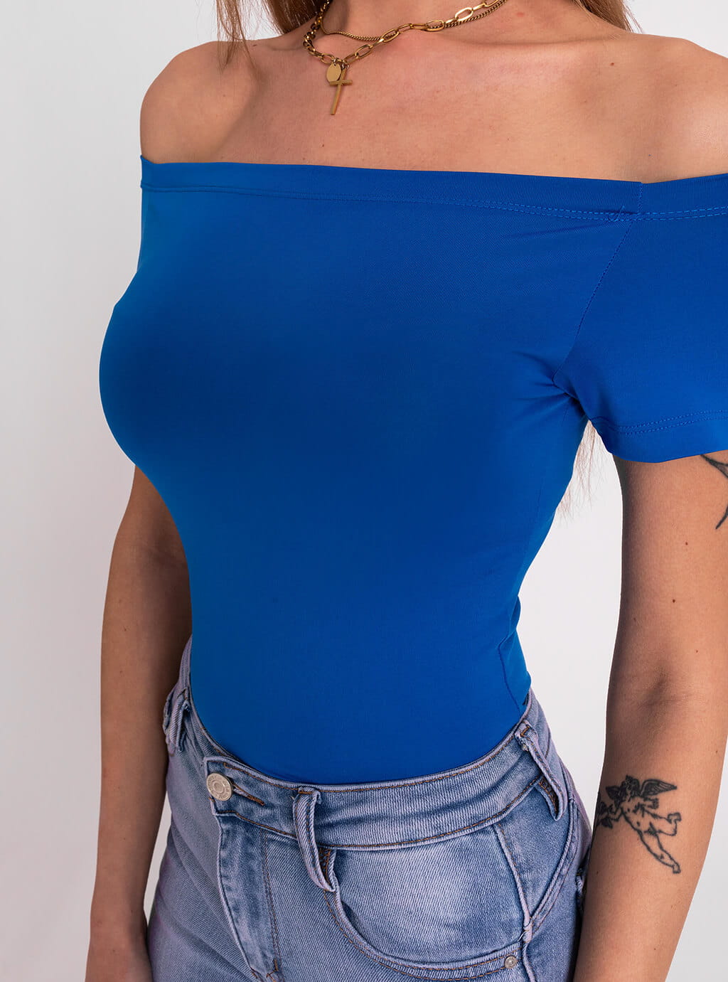 Leena- dopasowana bluzka z lycry z dekoltem typu hiszpanka- niebieska 5