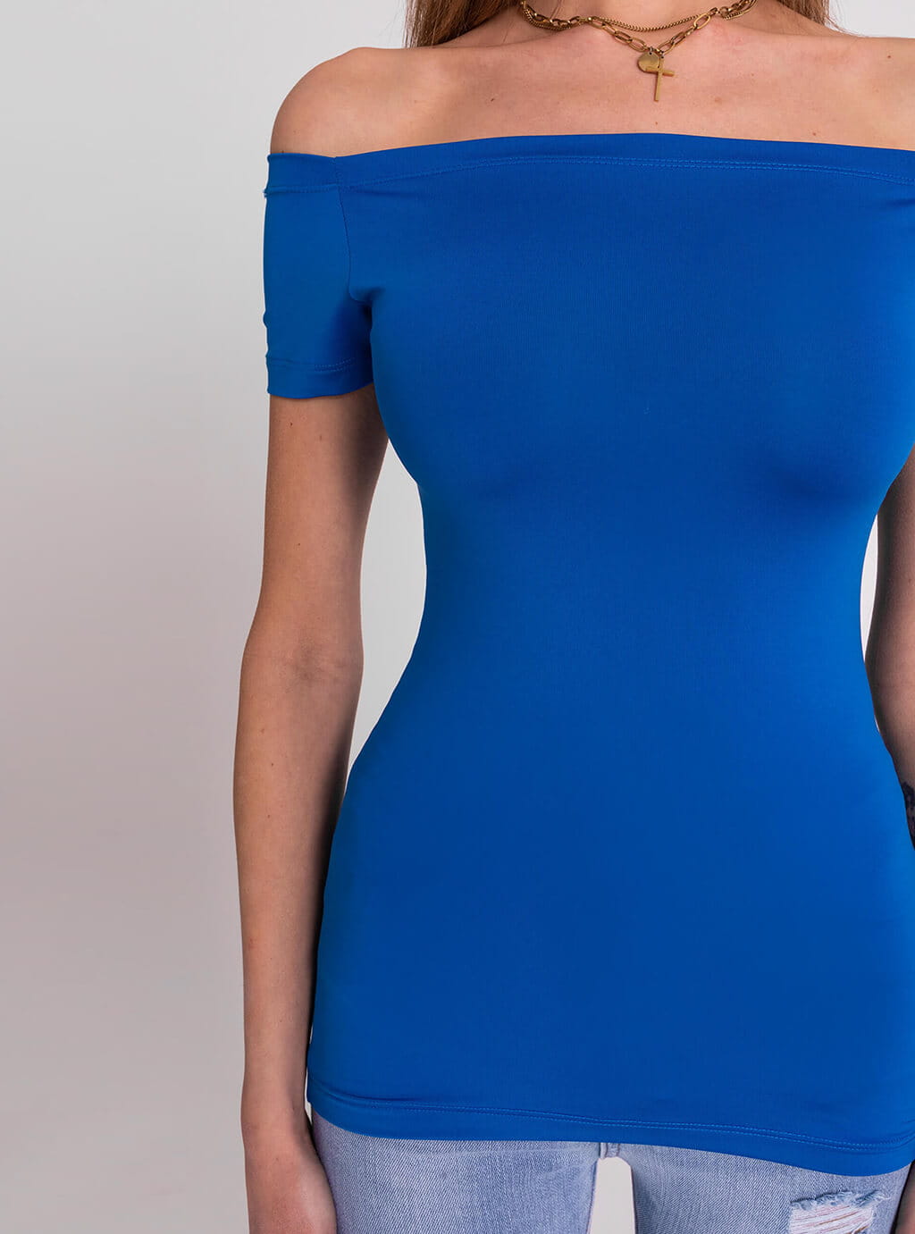 Leena- dopasowana bluzka z lycry z dekoltem typu hiszpanka- niebieska 6