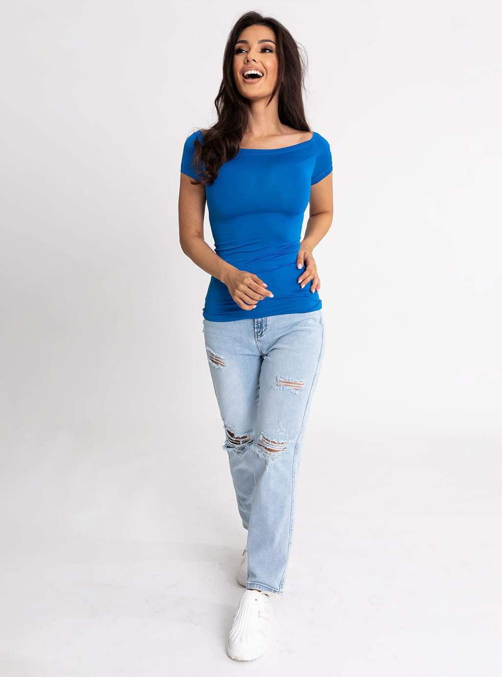 Leena- dopasowana bluzka z lycry z dekoltem typu hiszpanka- niebieska 16