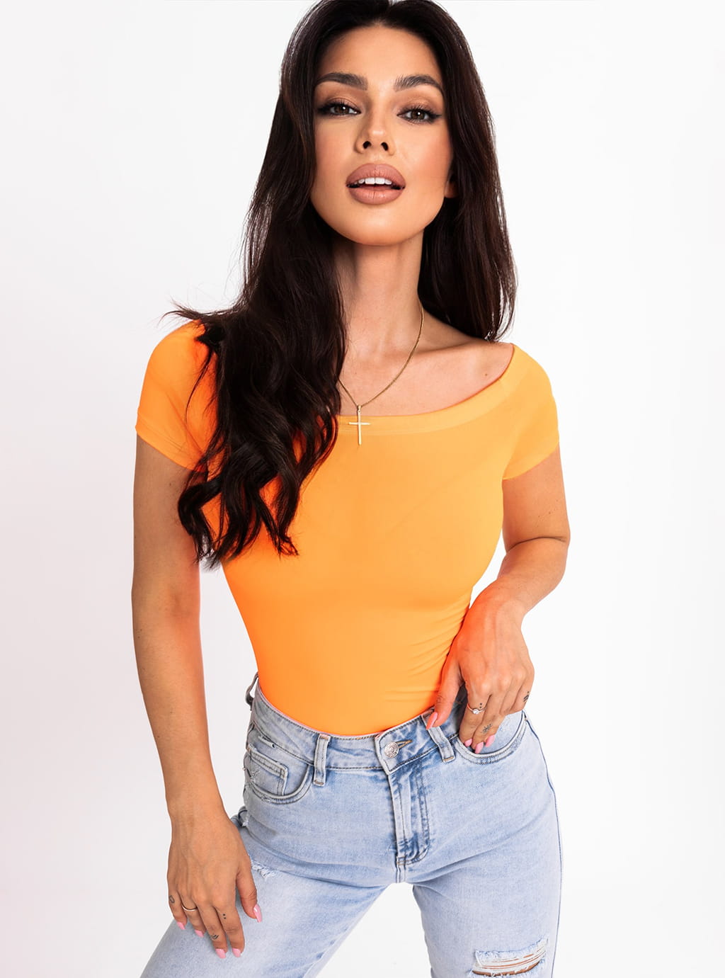 Leena- dopasowana bluzka z lycry z dekoltem typu hiszpanka- neon orange 14