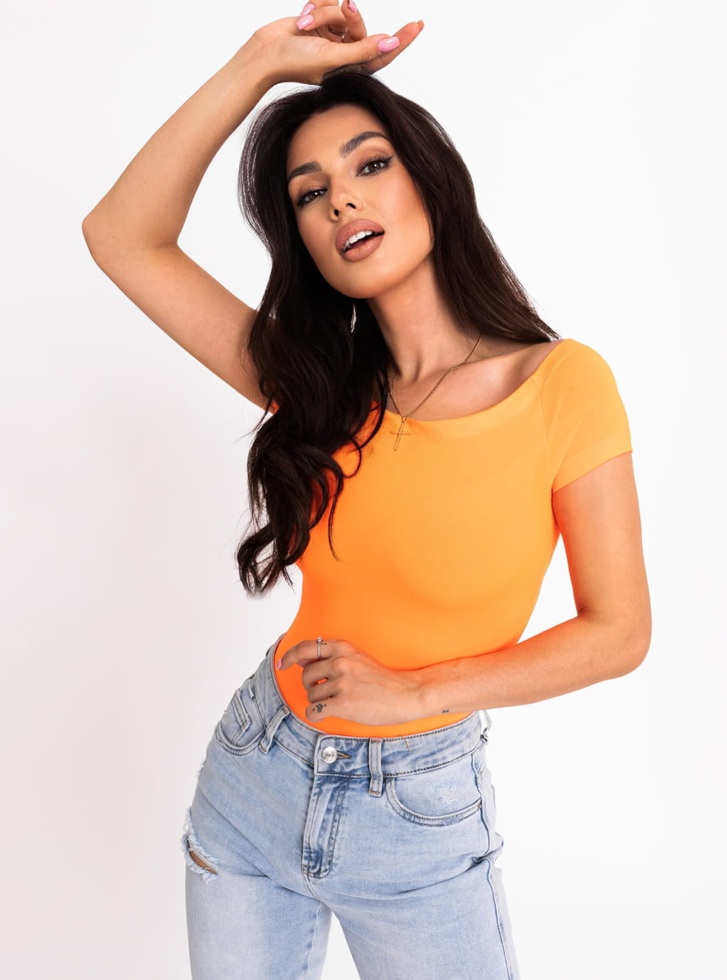 Leena- dopasowana bluzka z lycry z dekoltem typu hiszpanka- neon orange 16