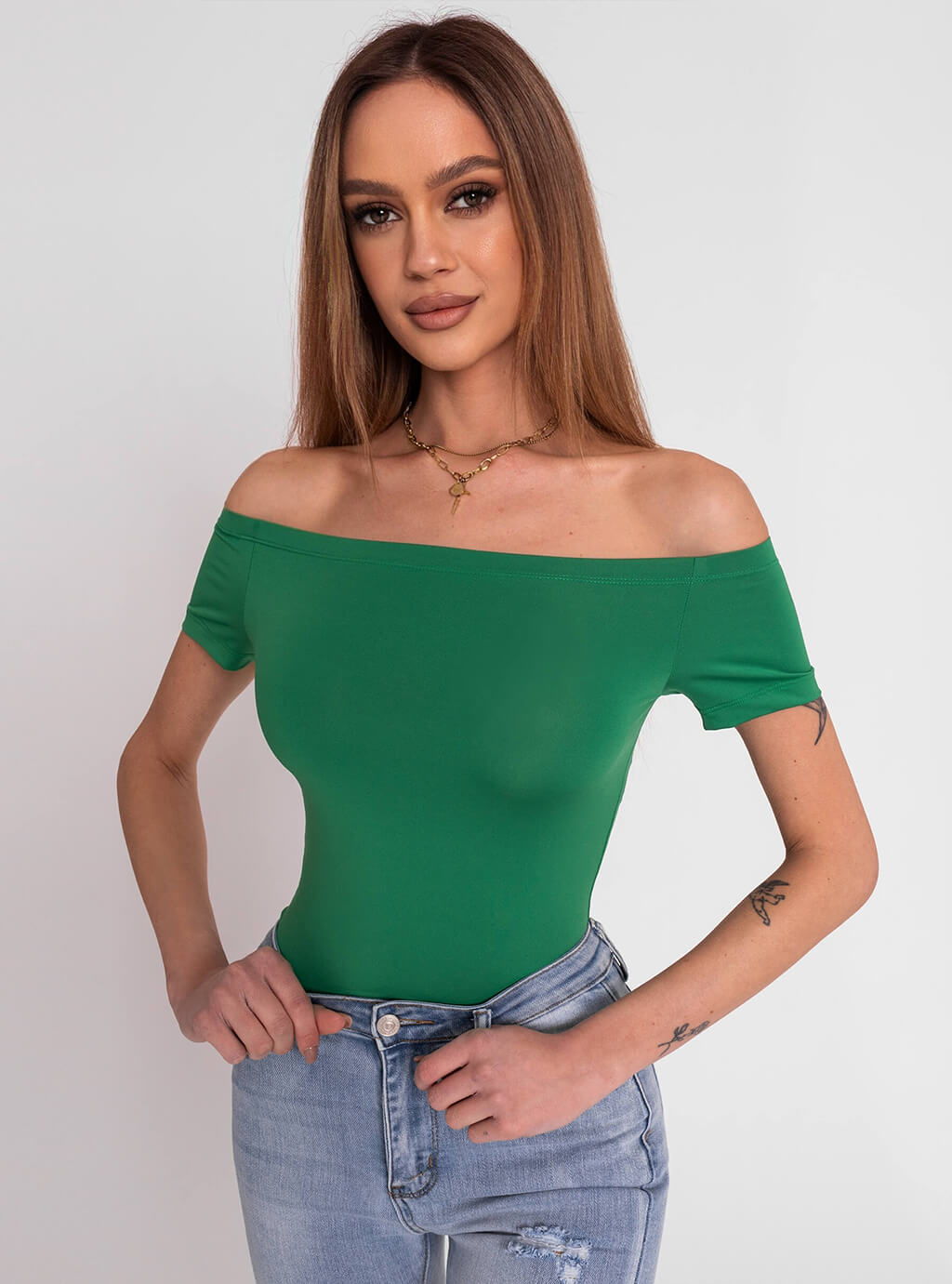 Leena- dopasowana bluzka z lycry z dekoltem typu hiszpanka- zielona 8