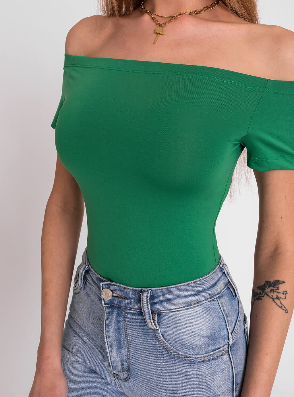 Leena- dopasowana bluzka z lycry z dekoltem typu hiszpanka- zielona 10