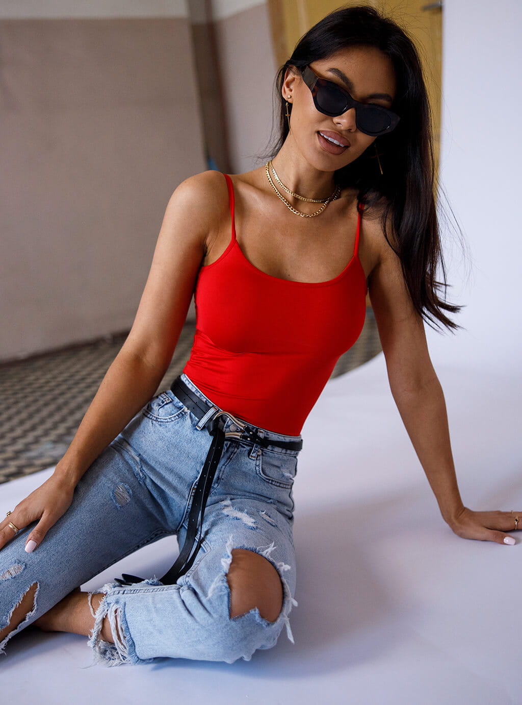 Medea- bluzka z lycry na ramiączkach z okrągłym dekoltem- czerwona 10