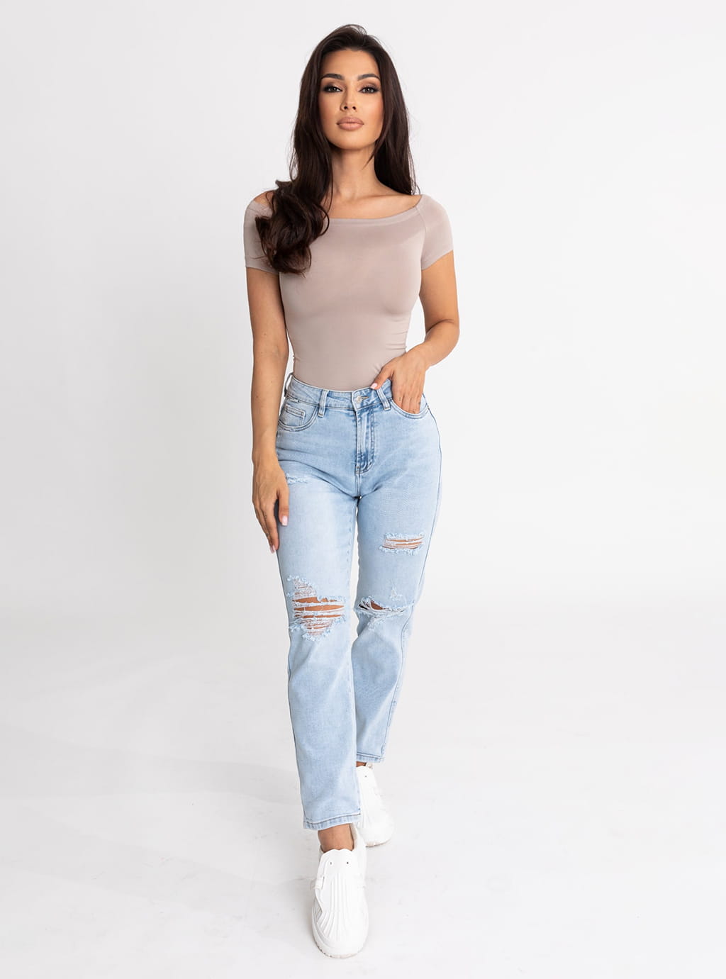 Leena- dopasowana bluzka z lycry z dekoltem typu hiszpanka- szara 19