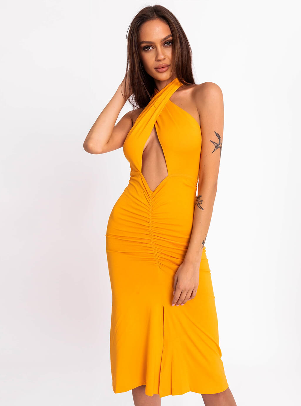 Deliza- sukienka o wielu możliwościach wiązania z dopasowanym dołem z marszczeniem- pomarańczowa 2