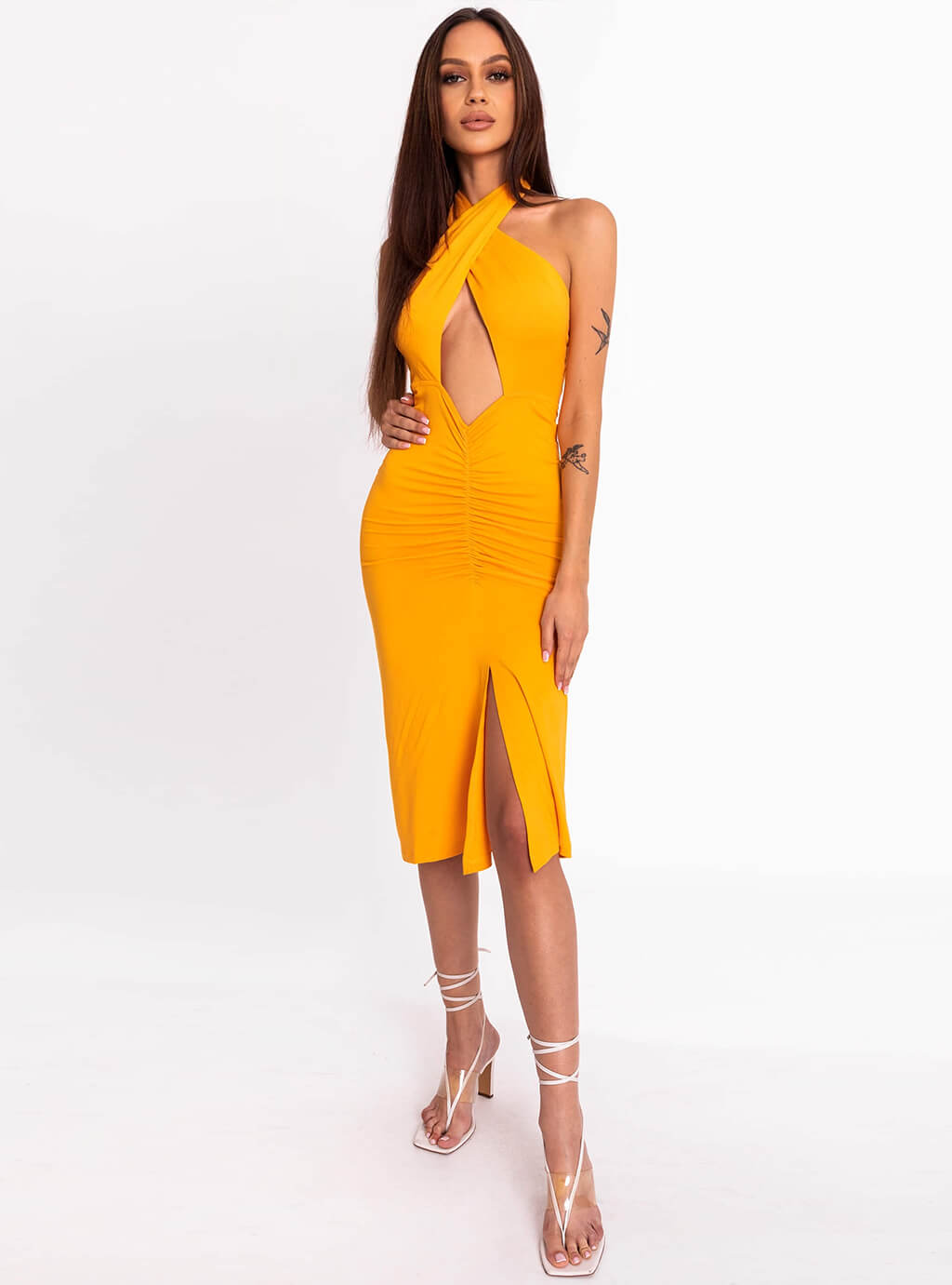 Deliza- sukienka o wielu możliwościach wiązania z dopasowanym dołem z marszczeniem- pomarańczowa 3