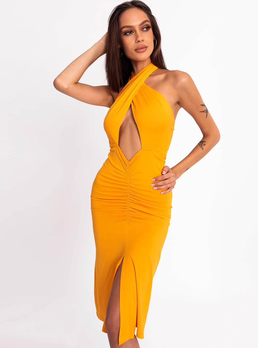 Deliza- sukienka o wielu możliwościach wiązania z dopasowanym dołem z marszczeniem- pomarańczowa 4