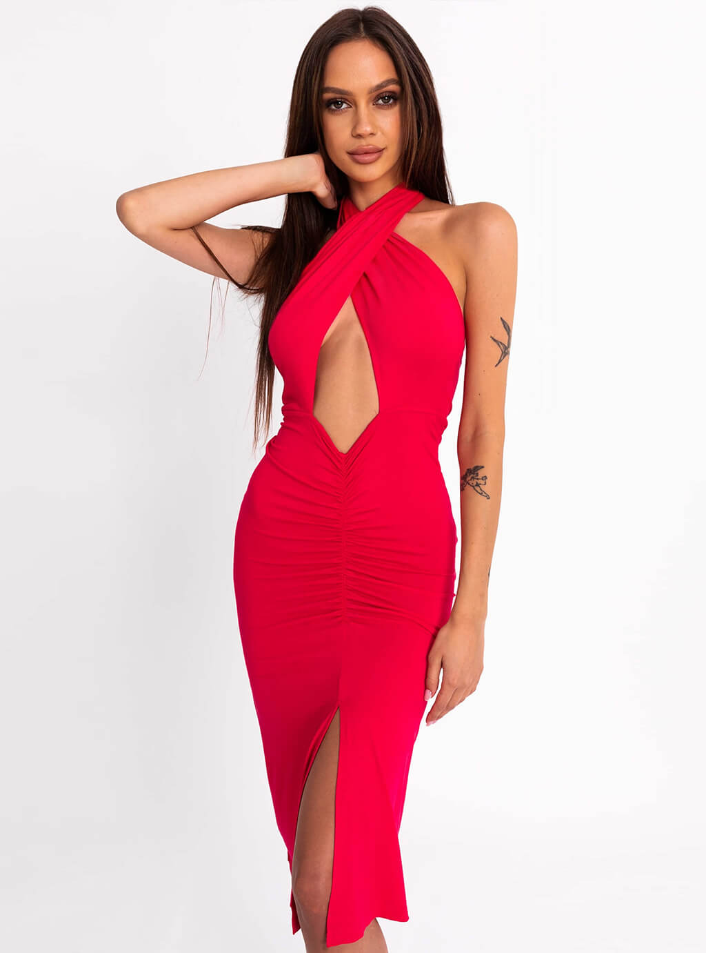 Deliza- sukienka o wielu możliwościach wiązania z dopasowanym dołem z marszczeniem- róż