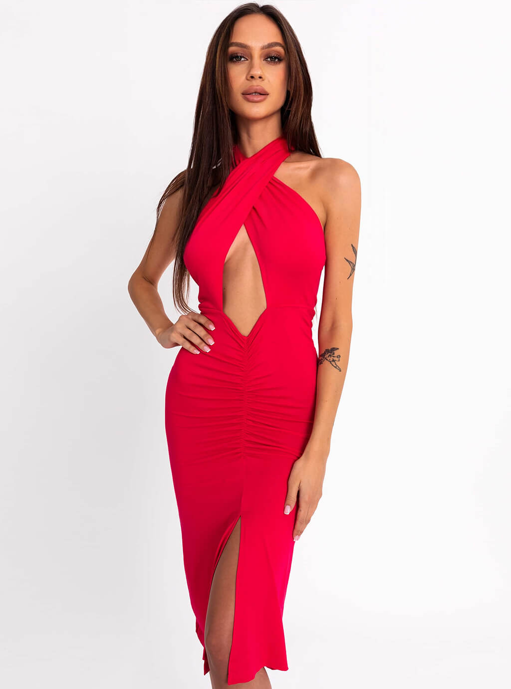 Deliza- sukienka o wielu możliwościach wiązania z dopasowanym dołem z marszczeniem- róż 2