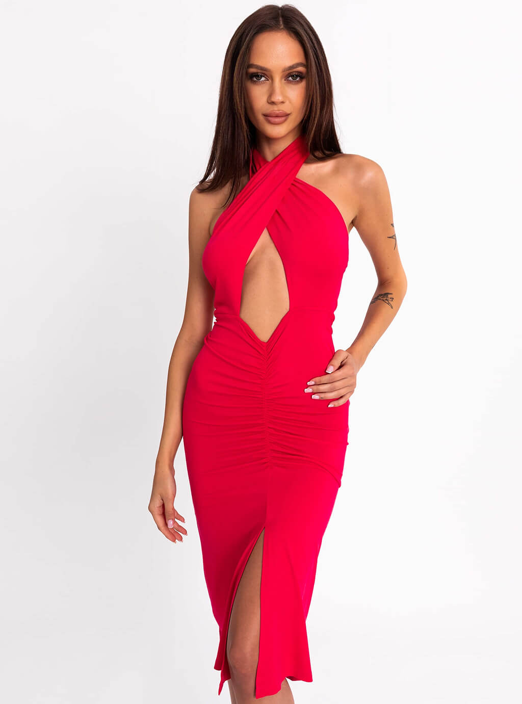 Deliza- sukienka o wielu możliwościach wiązania z dopasowanym dołem z marszczeniem- róż 3