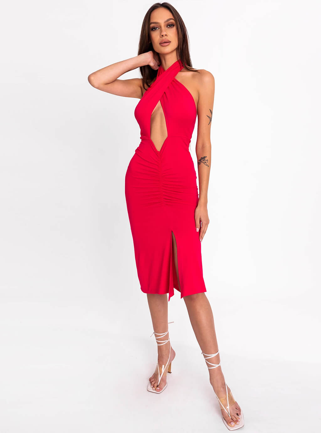 Deliza- sukienka o wielu możliwościach wiązania z dopasowanym dołem z marszczeniem- róż 4