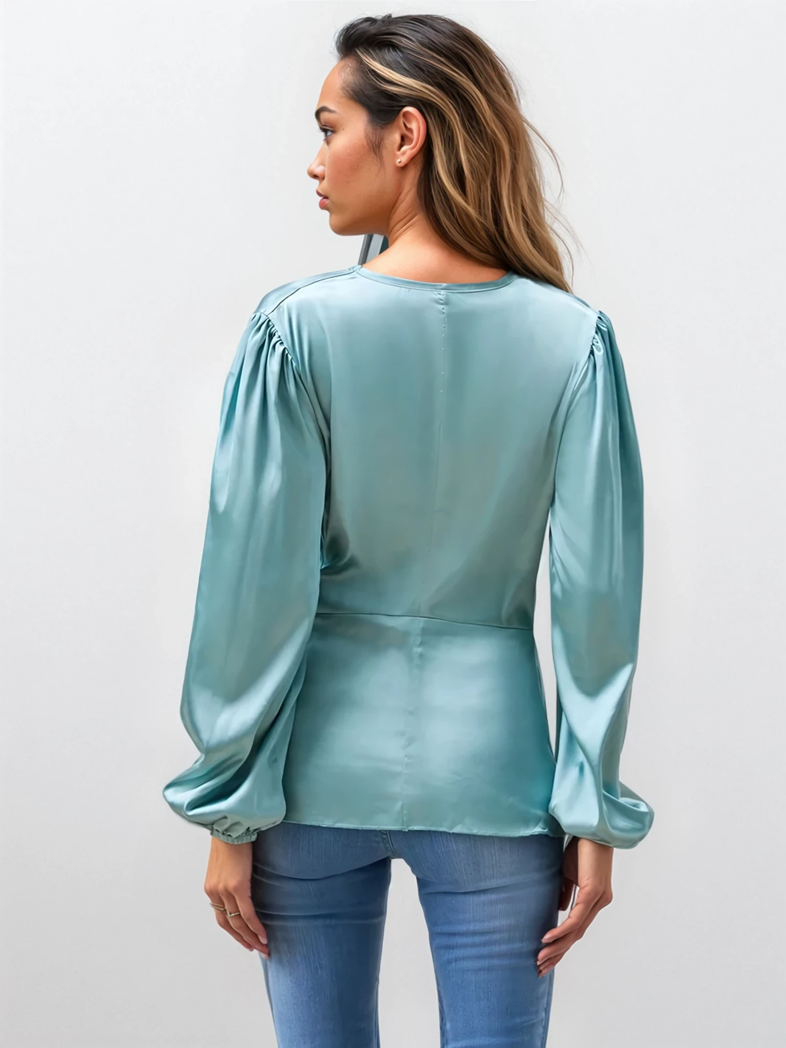 SANTA - satynowa bluzka z długin rękawem - morska 5