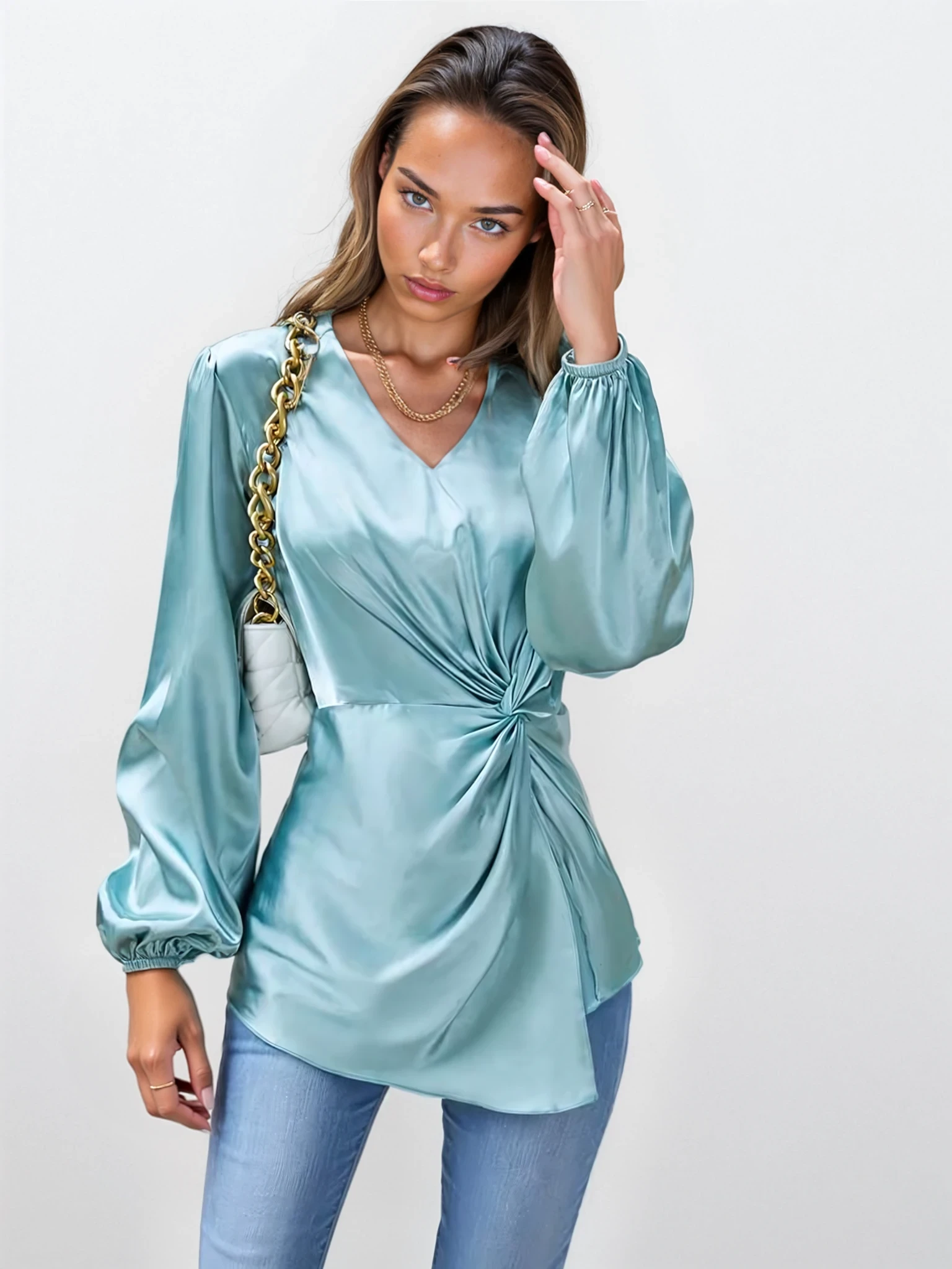 SANTA - satynowa bluzka z długin rękawem - morska 3