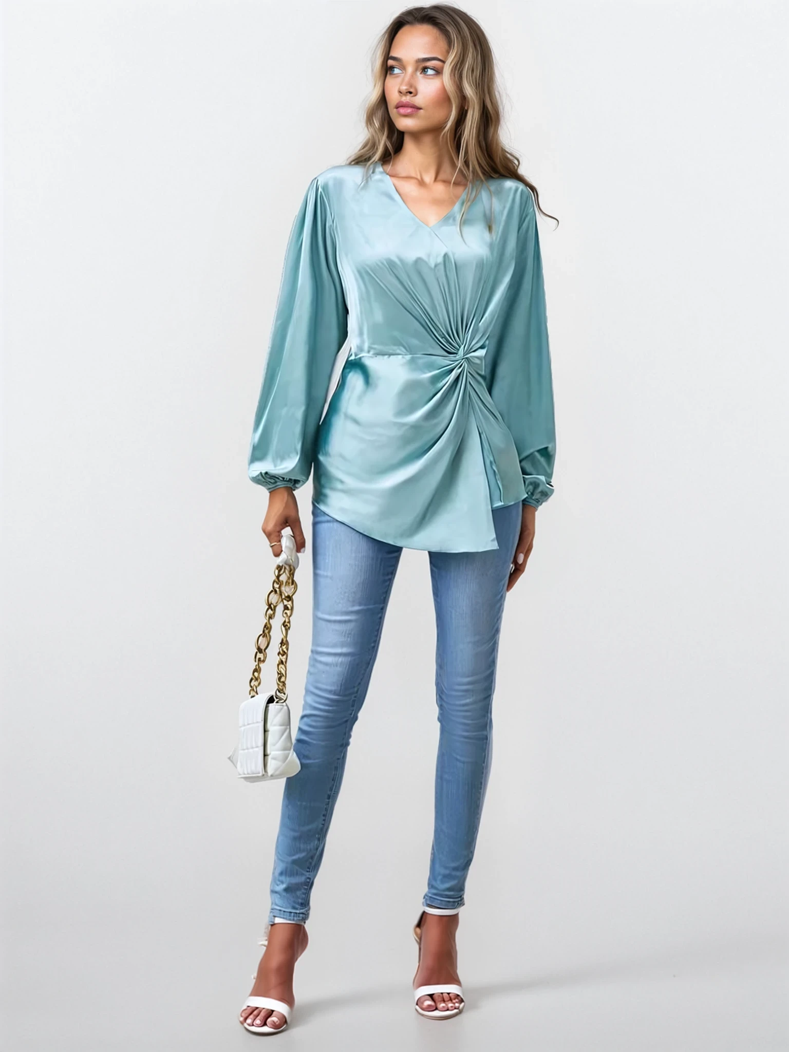 SANTA - satynowa bluzka z długin rękawem - morska 4