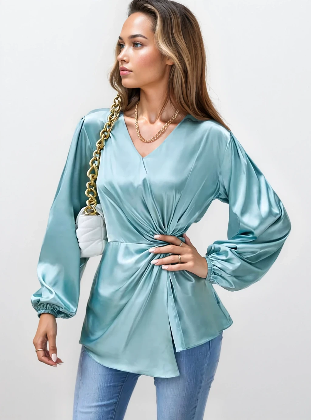 SANTA - satynowa bluzka z długin rękawem - morska 2