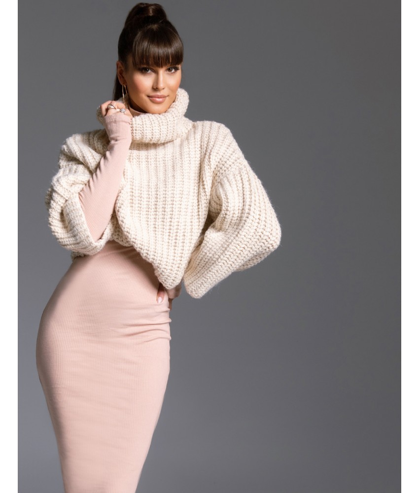 Dolly - dopasowana sukienka z prążkowanej dzianiny z długim rękawem i golfem  - beżowa 8