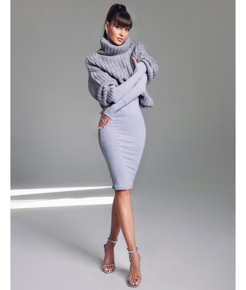 Dolly - dopasowana sukienka z prążkowanej dzianiny z długim rękawem i golfem - Szara 5