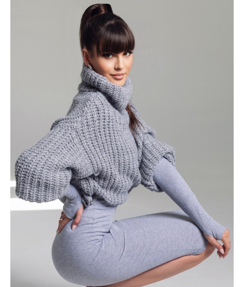 Dolly - dopasowana sukienka z prążkowanej dzianiny z długim rękawem i golfem - Szara 6