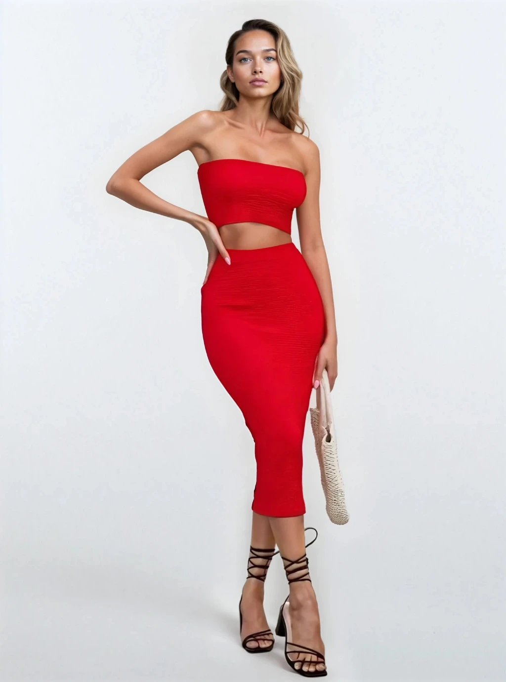 BOMBA - komplet krótki top , spódnica ołówkowa za kolano - malinowy 3