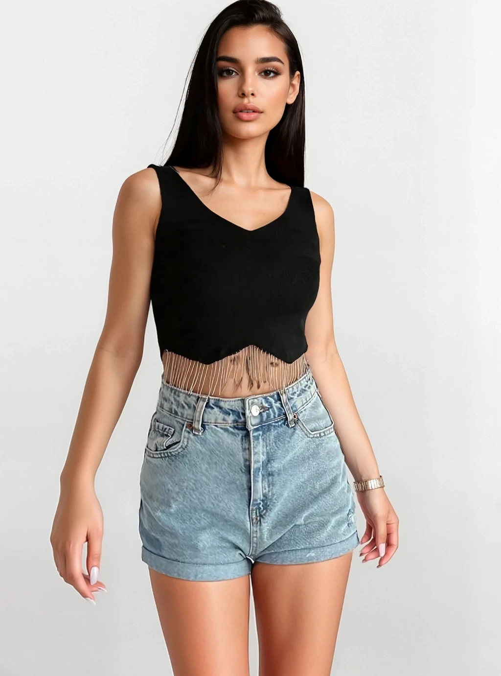 DIAMOND- krótki top na ramiączkach z asymetrycznymi frędzlami  - czarny 3