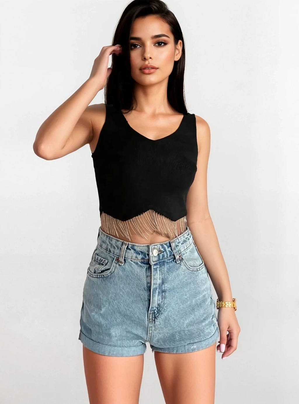 DIAMOND- krótki top na ramiączkach z asymetrycznymi frędzlami  - czarny 4