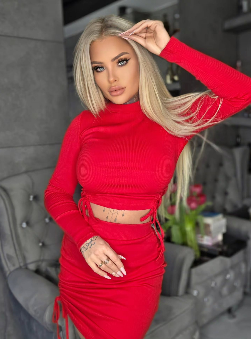 SET POLI - komplet z prążkowanej dzianiny bluzka z długim rękawem spódnica przed kolano - czerwony 3