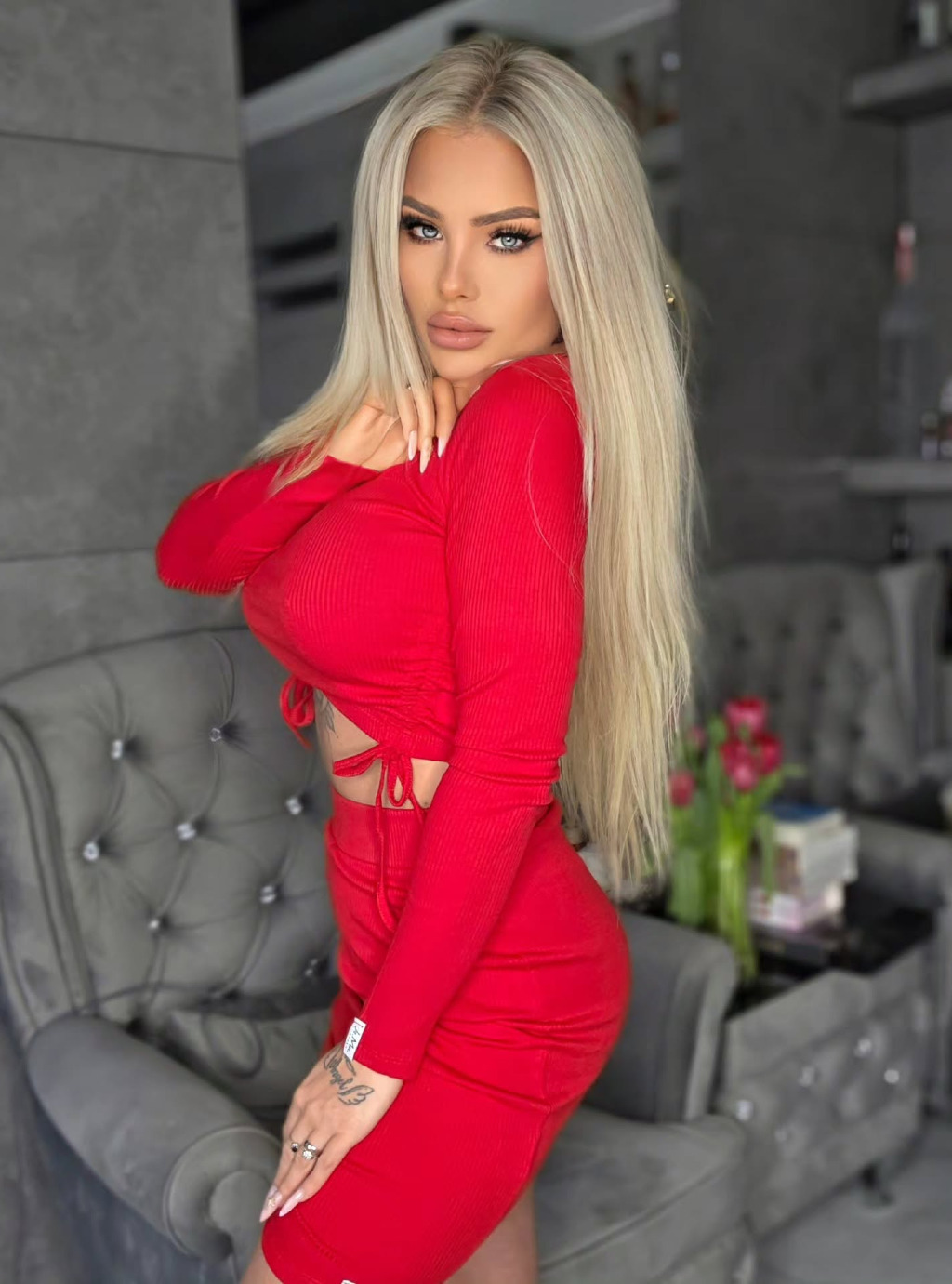 SET POLI - komplet z prążkowanej dzianiny bluzka z długim rękawem spódnica przed kolano - czerwony 6