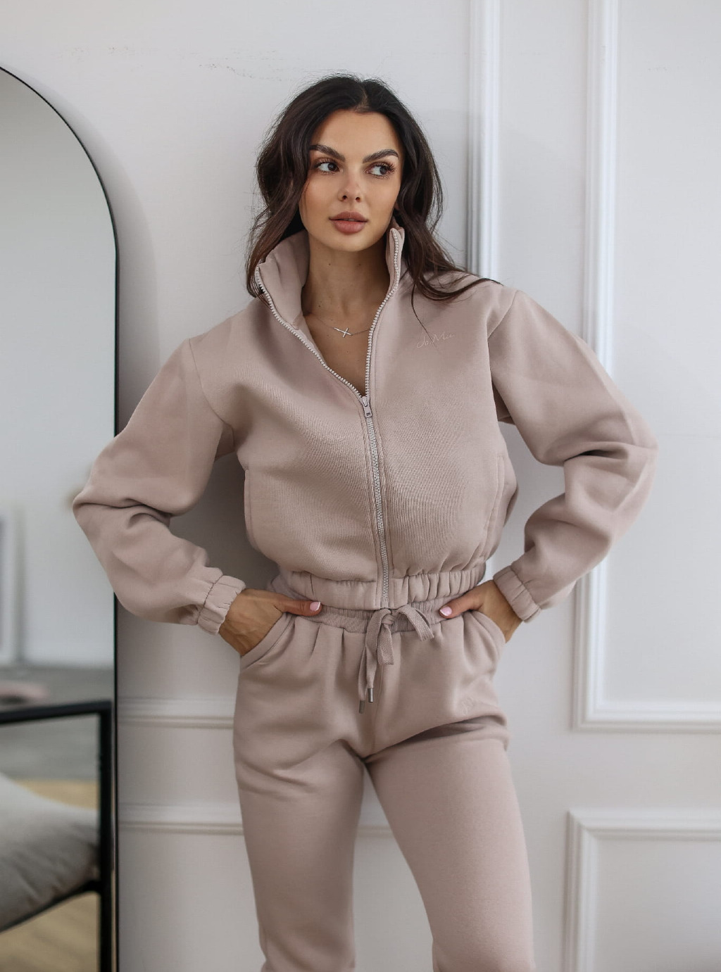 Bluza krótka ZIP z suwakiem i ze stójką kolor beżowy 2