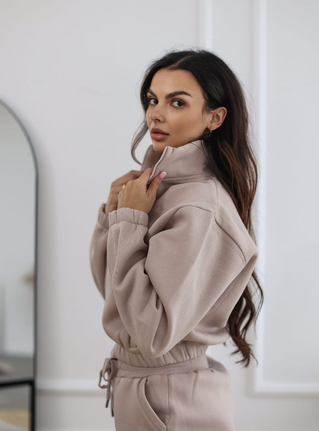 Bluza krótka ZIP z suwakiem i ze stójką kolor beżowy 3