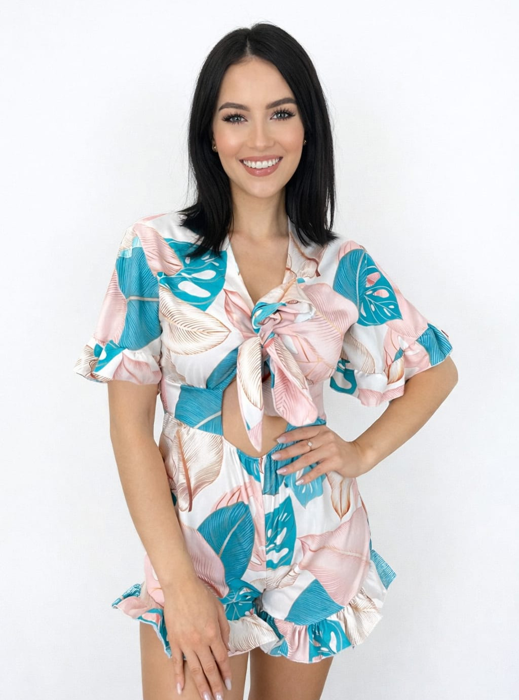 Kombinezon damski  – pastelowy print z wiązaniem