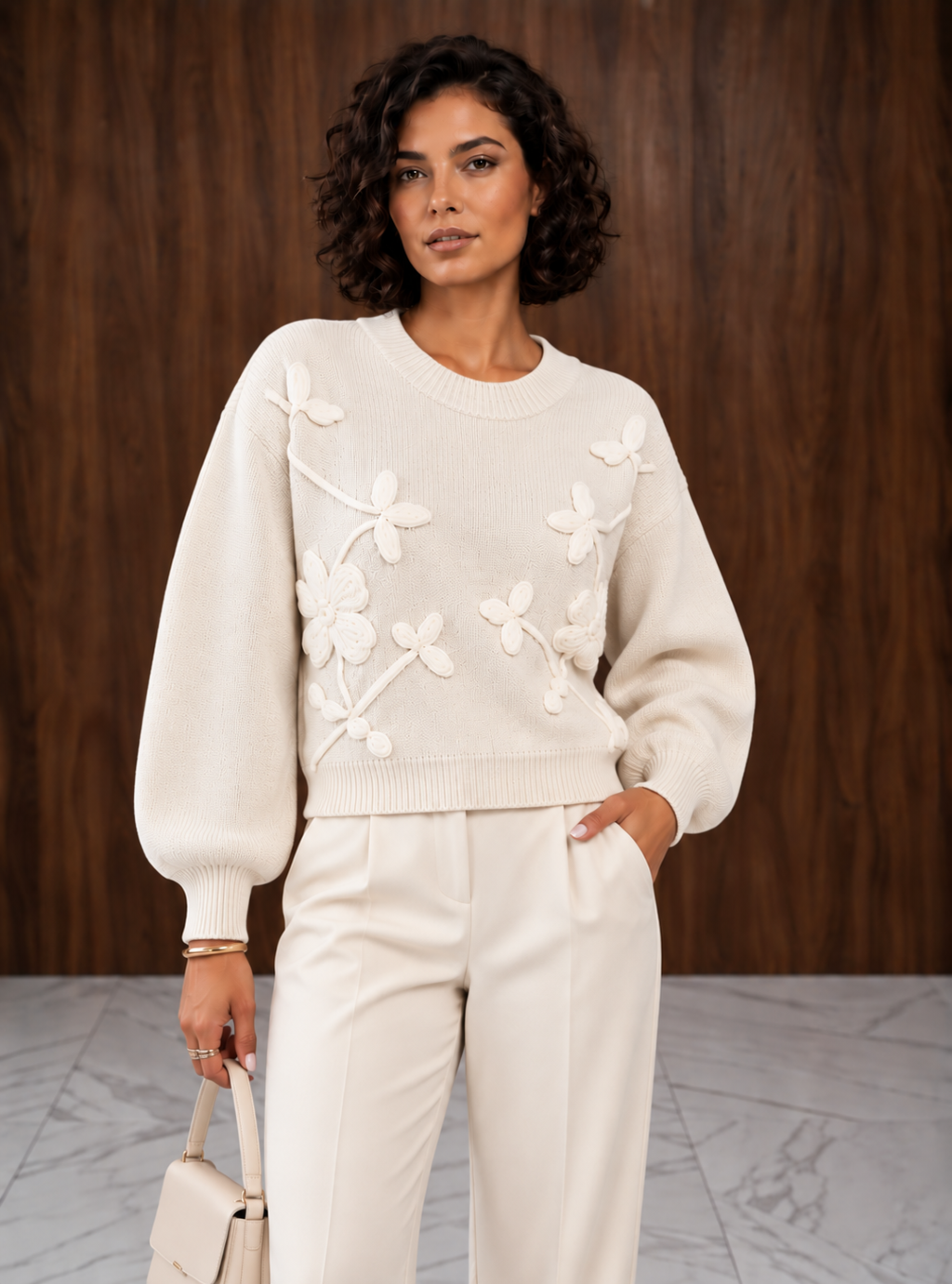 Flower - sweter damski z kwiatowym motywem z długim rękawem - écru